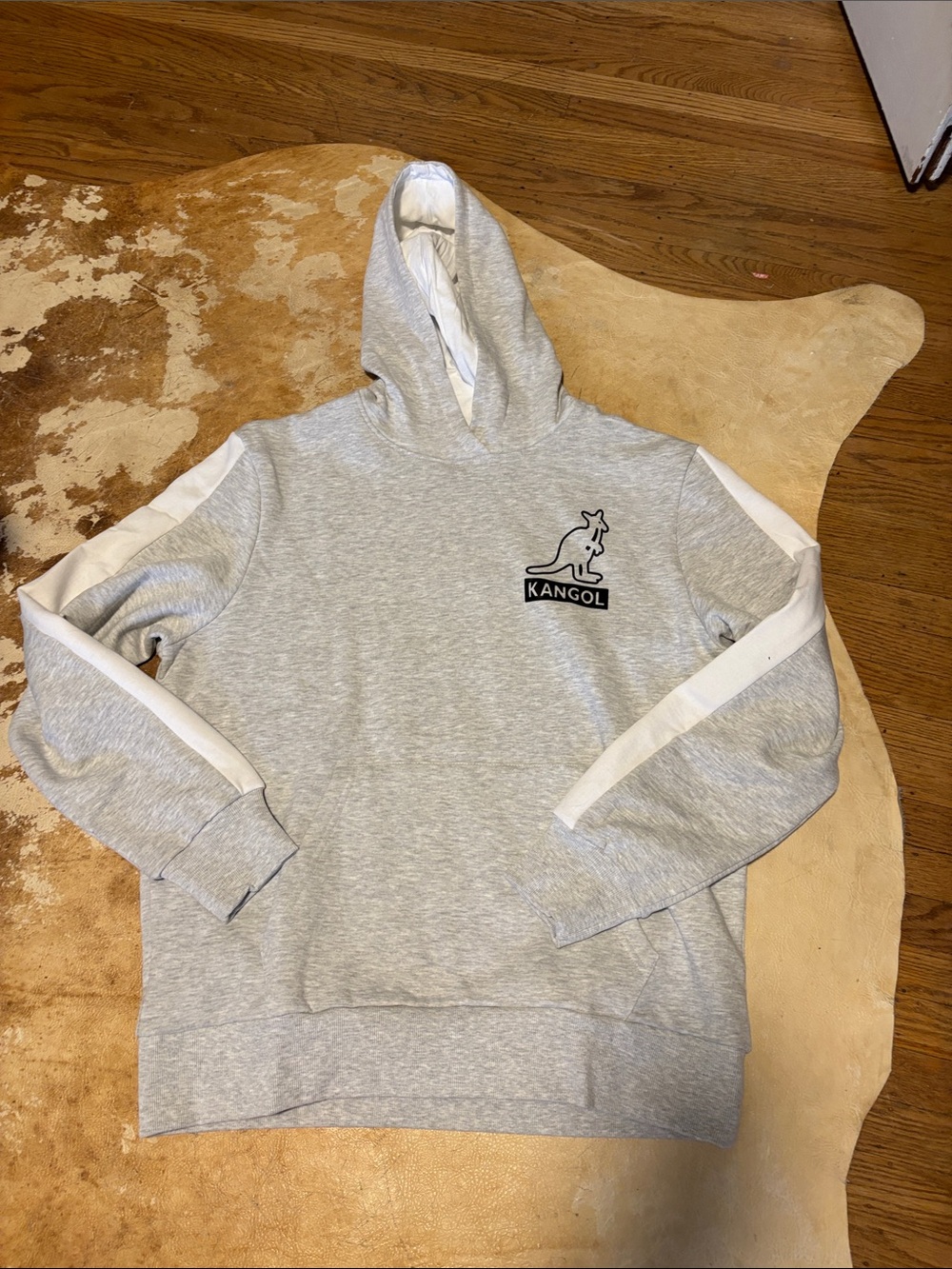 Kangol Light Gray Hooded Sweatshirt with White Sleeve Stripes